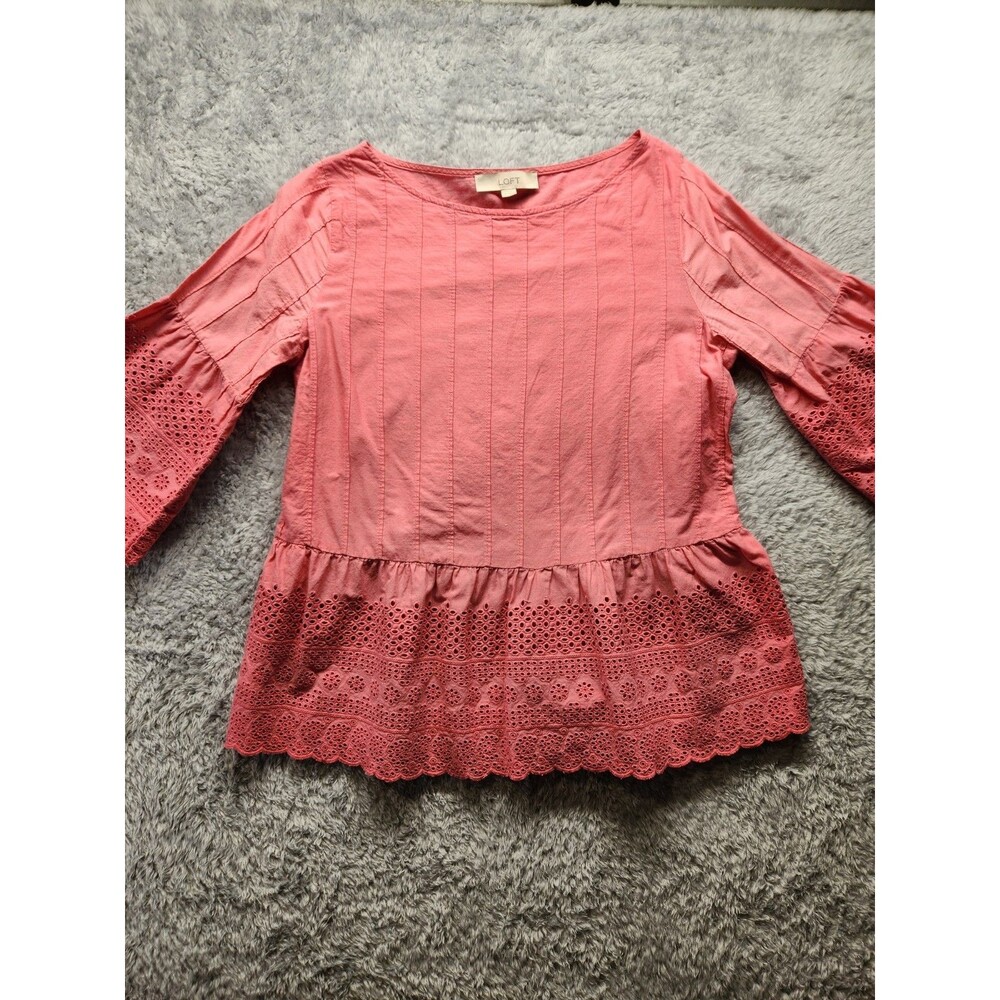 Loft Womens Pink Blouse Eyelet Bell Sleeves Size Small Peplum